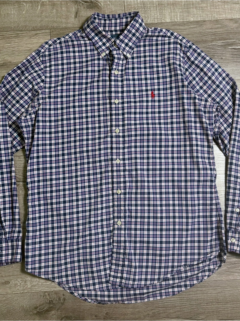 Ralph Lauren Long Sleeve Button Up Shirt Size M Blue Red Tartan Plaid Red Pony